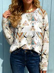 EMERY ROSE Women's Geometric Print Round Neck Loose Casual Long Sleeve T-Shirt - Multicolor - View 3