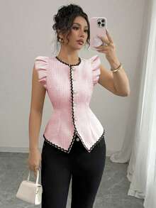 Elenzga Camisa elegante de mujer con contraste de color, volantes, parches y cintura ceñida, con mangas cortas, para otoño - Rosa - Ver 1