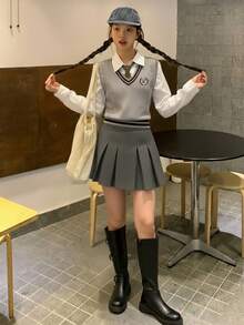 DAZY Women Solid Color Short Pleated A-Line Skirt - College Style