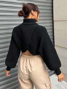 SHEIN Unity 高领不对称下摆短款休闲毛衣、长袖上衣