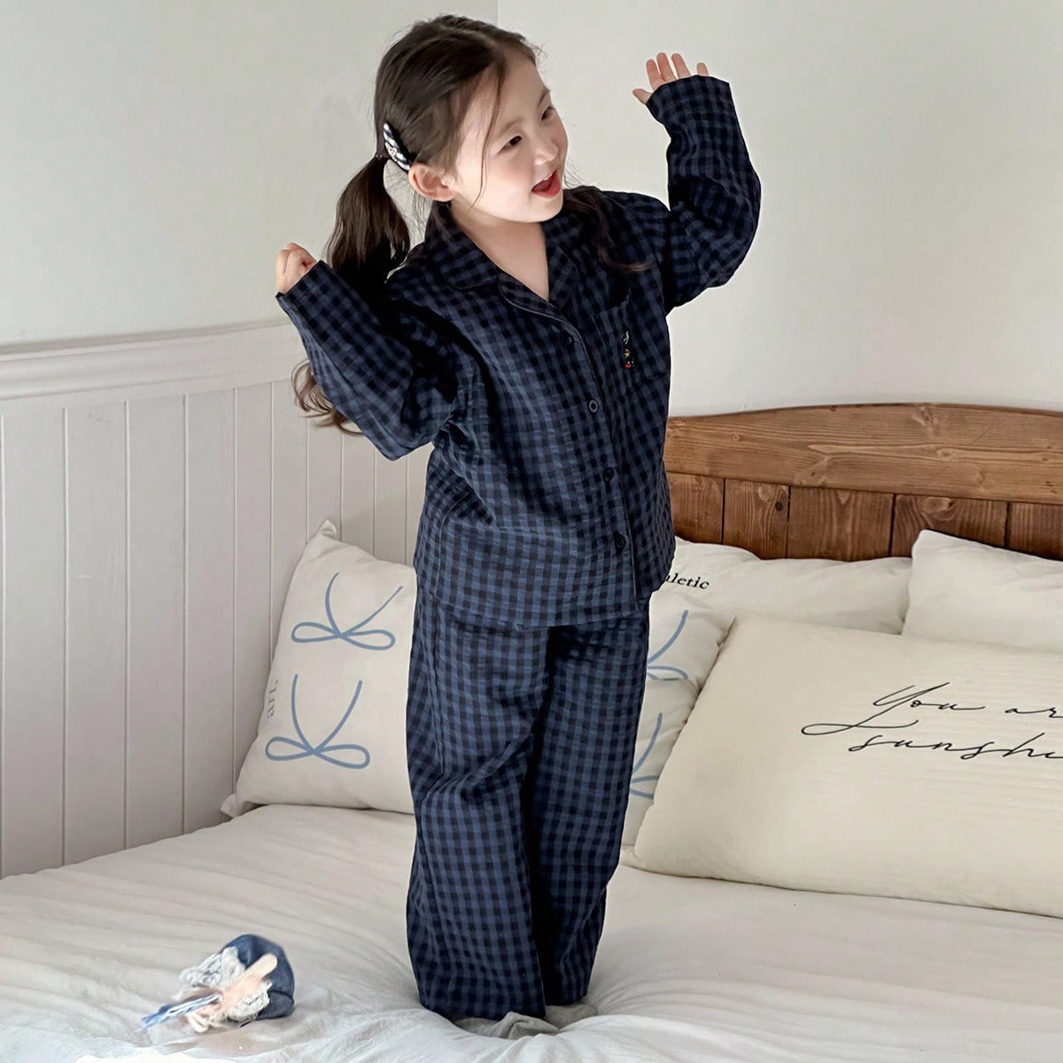 Conjunto de pijama de pantalón y blusa de manga larga con bordado a cuadros para niñas, ropa de otoño para niñas jóvenes