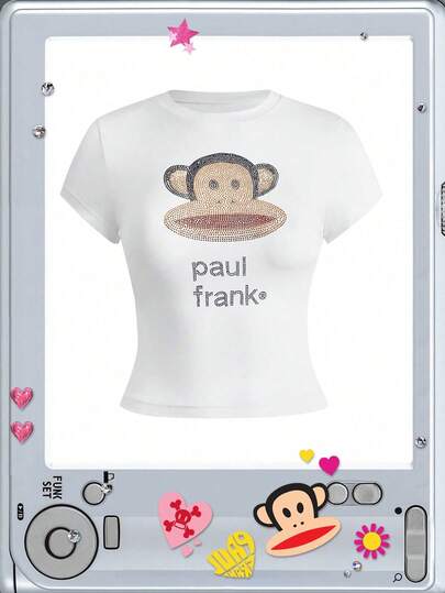 Paul Frank X ROMWE Y2K Baddie Subculture Casual Collab Logo Rhinestone Embellished Women's Kpop Fitted T-Shirt