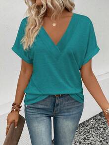 EMERY ROSE Women's Casual Solid Color V-Neck Short Sleeve T-Shirt, Summer - Blue - View 4