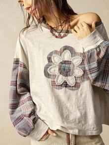 Bohemela Áo cánh dài tay cổ tròn dệt kim màu trơn đơn giản cho nữ - Màu be - Xem 2