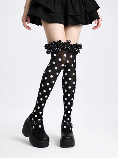 ROMWE Kawaii 1 Pair Women's Black & White Polka Dot Ruffle Trim Over-The-Knee Socks