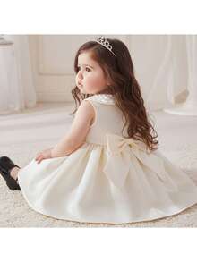 Elegant & Cute Satin Apricot Mesh Collar Dress For Baby Girl