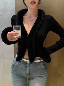 DAZY Áo khoác cardigan cổ chữ V có tua rua chắp vá cho nữ, mùa thu - màu đen - Xem 2