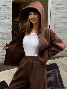 DAZY Bộ đồ nữ gồm áo hoodie và quần nỉ màu bạc ánh kim, kiểu dáng thường ngày, thích hợp mặc nhà mùa thu/đông. - Cà phê nâu - Xem 7