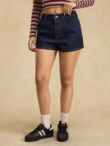 Easelle Quần short denim nữ kiểu dáng vintage thường ngày, phối họa tiết ngôi sao đỏ, có túi, thích hợp mặc đi biển mùa hè. - Màu xanh lam - Xem 7