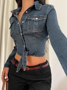 SHEIN PETITE 女士秋季时尚前扣系腰牛仔衬衫 - 深色水洗藍 - 查看 5