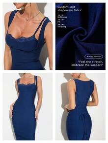 Nuvra Alluring Push-Up Tummy Control Lace Trim Elegant Blue Bodycon Sleeveless Criss-Cross Strap Knit Bandage Dress For Women - Blue - View 2