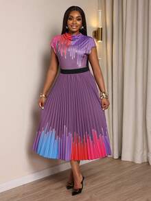 Xyvia Damen Mehrfarbiges gestreiftes digital bedrucktes Kleid mit hohem Kragen, taillierter Taille, A-Linie Saum und plissiertem Design, elegantes Kleid - Verschiedenfarbig - Übersicht 4