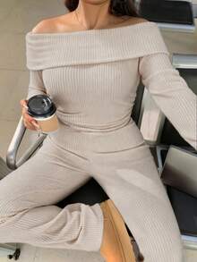SHEIN EZwear 大码休闲家居服简约露肩罗纹两件套 - 卡其色 - 查看 1