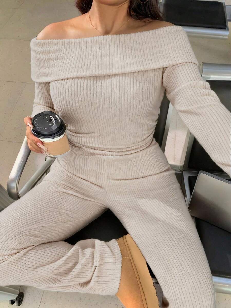 SHEIN EZwear 大码休闲家居服简约露肩罗纹两件套 - 卡其色 - 查看 1