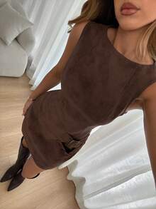 Siren Gaze Brown Suede Sleeveless Mini Bodycon Dress For Women, Autumn/Winter Brown Mini Dress Elegant Summer - Chocolate Brown - View 6