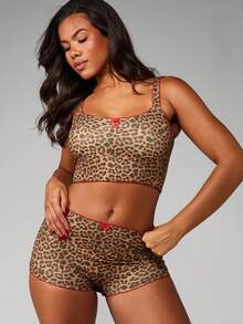 MISSGUIDED Leopard Print Cami Tank Top And Matching Bootie Shorts Two Piece Co-Ord Set With Red Trim Detail - Multicolor - View 1