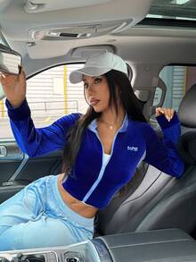 Dewbera Dewbera Women's Letter Print Contrast Color Raglan Sleeve Cropped Sports Jacket Cropped Top Cropped Zip Up - Royal Blue - View 1