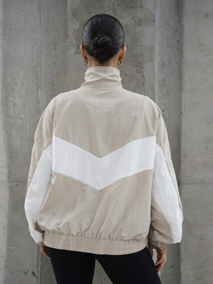 SAYEHFBABY Oversized Collared Nylon Track Jacket Contrast Panel Full Zip Through Top Only Spring The Book Shop Oversized Airport Sporty Festival Lounge Christmas Everyday Christmas - Grey - View 2