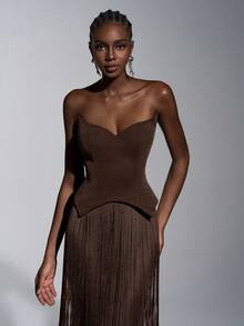 Elitara 优雅奢华性感针织亮片露肩猫领腰部流苏装饰修身连衣裙，适合鸡尾酒会、晚宴、展览、商务活动和正式场合。 - 棕色 - 查看 4