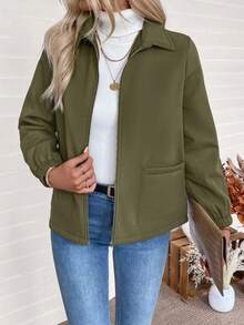 EMERY ROSE Chaqueta de forro polar con cremallera, de manga raglán y unicolor, para mantener el calor - Verde militar - Ver 3