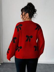 Elenzga Plus Size Women Elegant Long Sleeve Loose Beaded Bow Knit Sweater, Suitable For Outings, Vacations, And Clubs, Autumn/Winter - Red - View 2