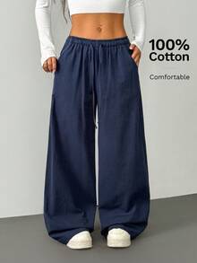 SHEIN PETITE Damen Marineblau Baumwolle und Leinen Hose,Herbst Lässig Loungewear Kordelzug Elastischer Bund Schräge Taschen Weites Bein Hose,Sommer Lockere Hose,Petite Damen - marineblau - Übersicht 1