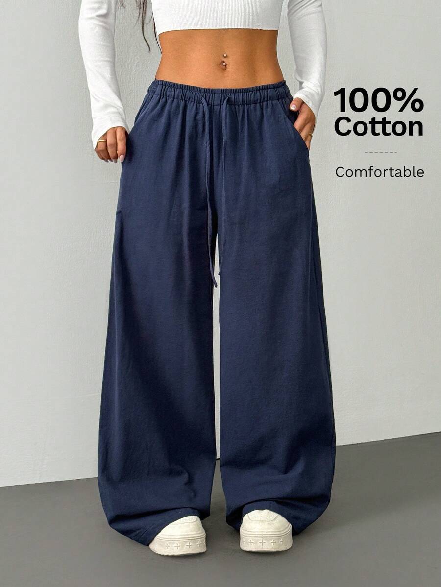 SHEIN PETITE Damen Marineblau Baumwolle und Leinen Hose,Herbst Lässig Loungewear Kordelzug Elastischer Bund Schräge Taschen Weites Bein Hose,Sommer Lockere Hose,Petite Damen - marineblau - Übersicht 1