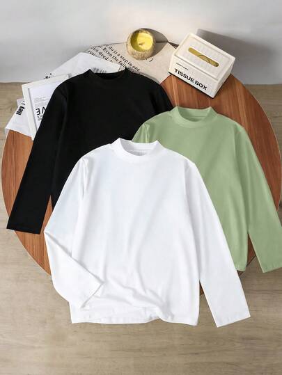 3 piezas Camisetas de manga larga de cuello alto de unicolor para niños, tela cómoda, colores versátiles, adecuadas para la escuela y el uso diario, otoño/invierno