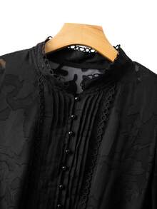 Rometta 大码女式优雅花卉蕾丝拼接立领长袖休闲百搭镂空衬衫 - 黑色 - 查看 6
