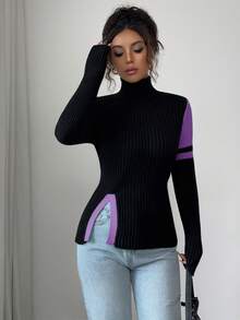 Elenzga Áo len chui đầu cổ cao màu đen vá viền xanh lá cây thời trang dành cho nữ, quà tặng Giáng sinh, Năm mới, Lễ tạ ơn - Màu tím - Xem 4