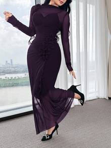 Feyla Elegant Women's Dress With 3D Ruffle Hem - Purple - View 3