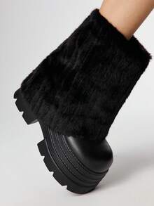 ROMWE Women's Thick Sole Furry Patchwork Mid-Calf Boots, Autumn/Winter For Christmas - Black - View 3