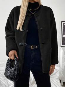 Chiquease Round Neck Contrast Color Ox Horn Button Loose Sherpa Jacket Fall Cloth For Women - Black - View 3