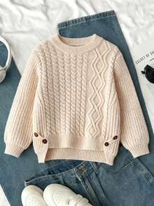 Sparklyn 1 件女童圆领纹理下摆开衩下摆创意纽扣装饰 Y2K 街头休闲百搭时尚校园风格高品质毛衣，适合度假、郊游、购物、运动、圣诞节、玩雪、派对、野餐 - 杏色 - 查看 3