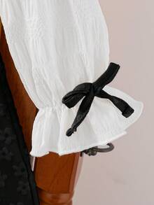 SHEIN Young Girl' Floral Textured Pastoral Style Puff Sleeve Bow Decor Yellow Dress, Autumn - Black and White - View 6