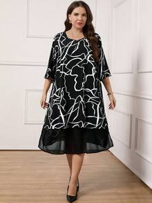 Miaspire 加大码女式妈妈几何拼接荷叶边袖宽松连衣裙，冬季服装，冬季连衣裙