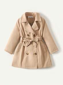 Maija Kids 年轻女孩秋季休闲时尚翻领双排扣系带风衣夹克 - 卡其色 - 查看 3