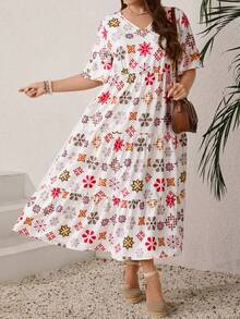 EMERY ROSE 大码夏季度假休闲印花短袖连衣裙 - 彩色 - 查看 4