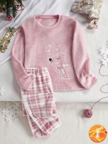 Girls 2 Pieces Pajama Set, Pink Polar Bear Embroidery Plush Long Sleeve Top And Pink Plaid Pants, Autumn Casual Sleep Lounge Set Winter Pj Set For Tween Girl - Multicolor - View 3