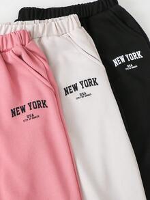 Genkimix Kids 3pcs Girls' Sweatpants, New Multicolor Children's Jogger Pants, Black, White, Pink, With "NEW YORK USA CITY OF HOMES" Letter Print On Side, Loose Fit Cuffed Pants, Suitable For Spring, Autumn, School, Outdoor Play, Daily Wear - Multicolor - View 5
