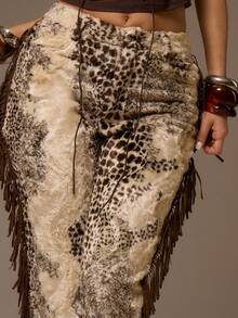 MUSERA 中腰仿马毛动物纹流苏喇叭裤，适合夜间外出、优雅性感派对场合以及夏季休闲穿着。 - 彩色 - 查看 5