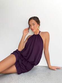 Aloruh 音乐节性感露背吊带多层弹力迷你连衣裙，女士款，李子紫色 - 中紫紅色 - 查看 9