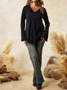 Boho Mama Black Maternity T-Shirt With Lace Trim And Flared Sleeves, Made Of Cotton-Feel Fabric, Bohemian Style, Long-Sleeved Maternity T-Shirt For Autumn And Winter. - Black - View 3