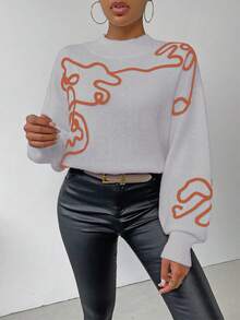 EMERY ROSE Pulover casual pentru femei, cu model grafic, croială lejeră, cu umeri căzuți, guler înalt, potrivit pentru naveta zilnică de toamnă/iarnă - Gri deschis - Vizualizare 5