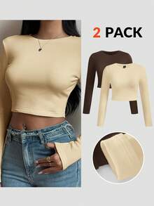 SHEIN BASICS 两件装纯色针织圆领长袖修身短款T恤，女士款，升级保暖面料，带保暖内衬但不臃肿，基础款弹力百搭秋冬女装上衣 - 彩色 - 查看 6