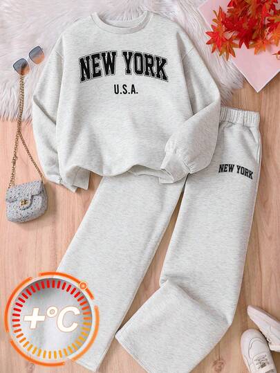 SHEIN Teen Girls Casual English Graphic Hoodie & Sweatpants Co-Ord Set, Light Grey