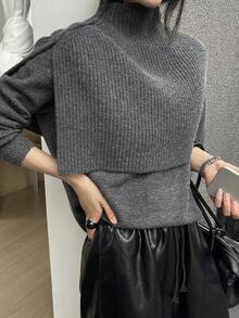 DAZY Women's Casual Solid Color Stand Collar Poncho Sweater, Autumn/Winter - Grey - View 3