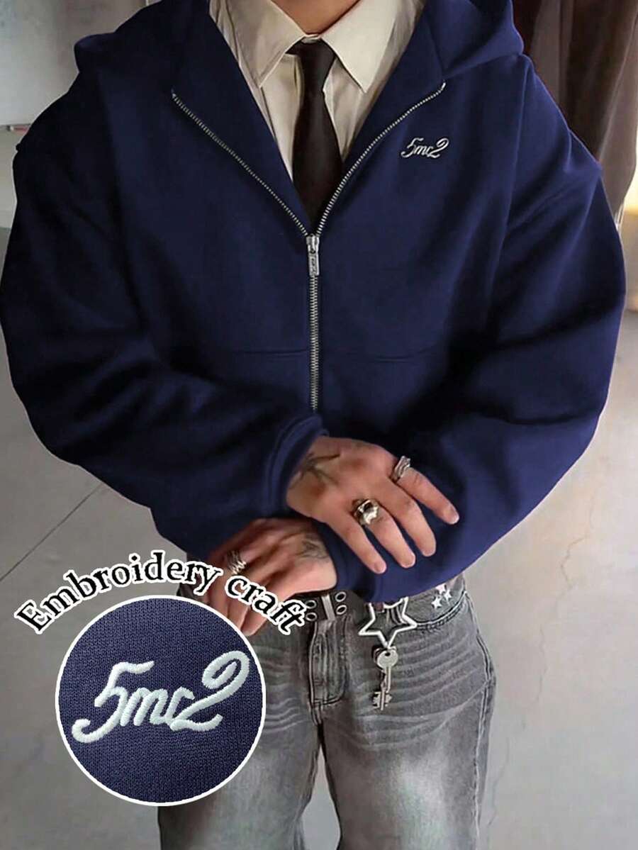 Manfinity Dauomo Men's Casual Letter Embroidery Zip-Up Hoodie Sweatshirt, Autumn - Blue - View 1