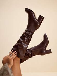 Daringsoles Women's Pointed Toe Pleated Thigh High Boots, Fashion Daily Wear High Heels For Christmas - Coffee Brown - View 1