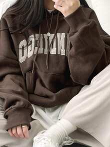 DAZY Women's Letter Embroidered Drop Shoulder Long Sleeve Drawstring Hooded Casual Pocket Sweatshirt